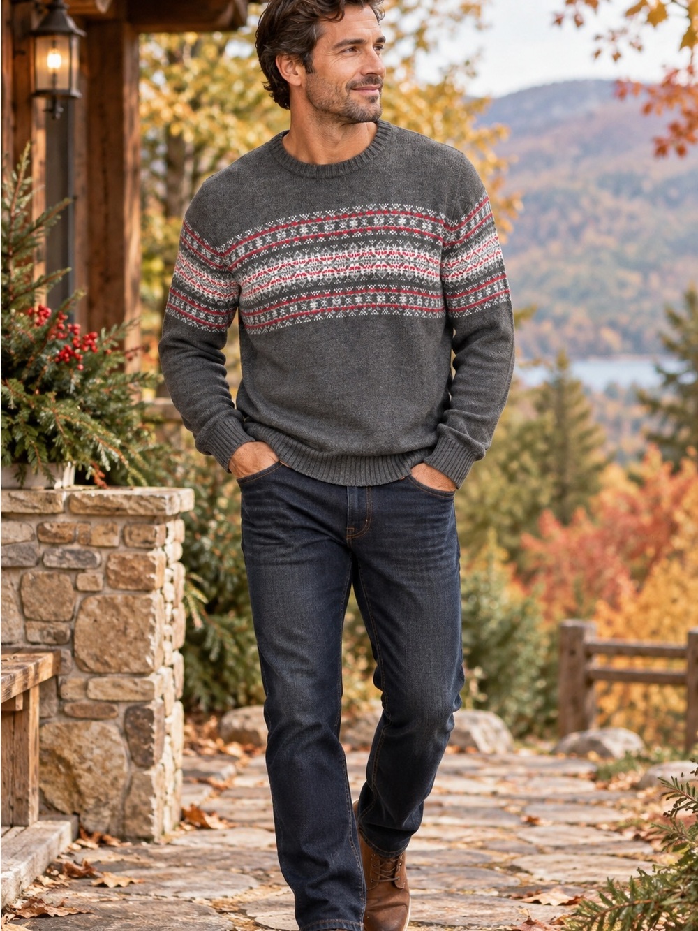 Chaps Men’s Large Gray Fair Isle Nordic Wool Blend Crewneck Sweater